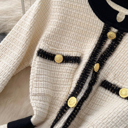 Metal Button Color-blocking Tweed Dress