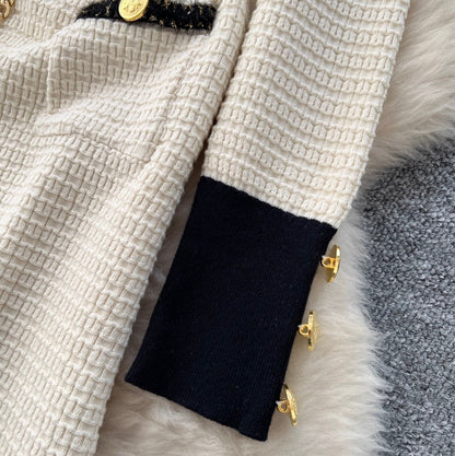 Metal Button Color-blocking Tweed Dress