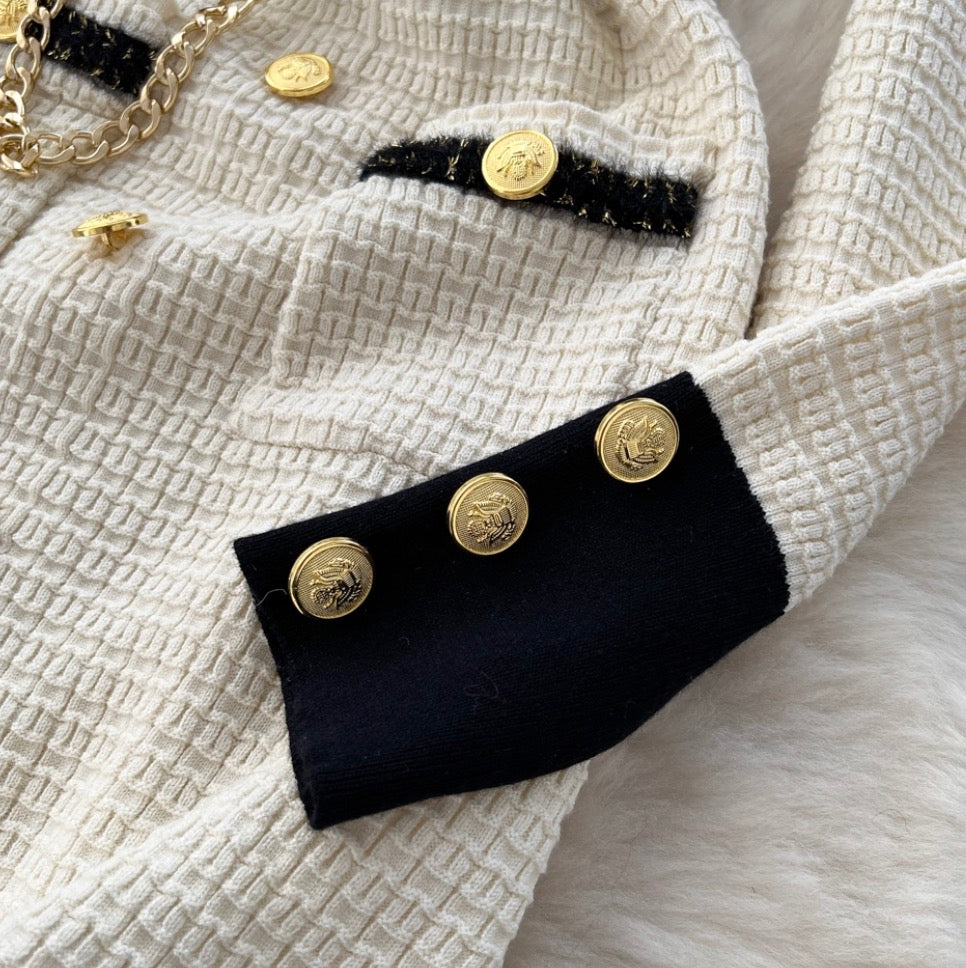 Metal Button Color-blocking Tweed Dress
