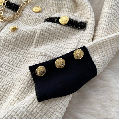 Metal Button Color-blocking Tweed Dress