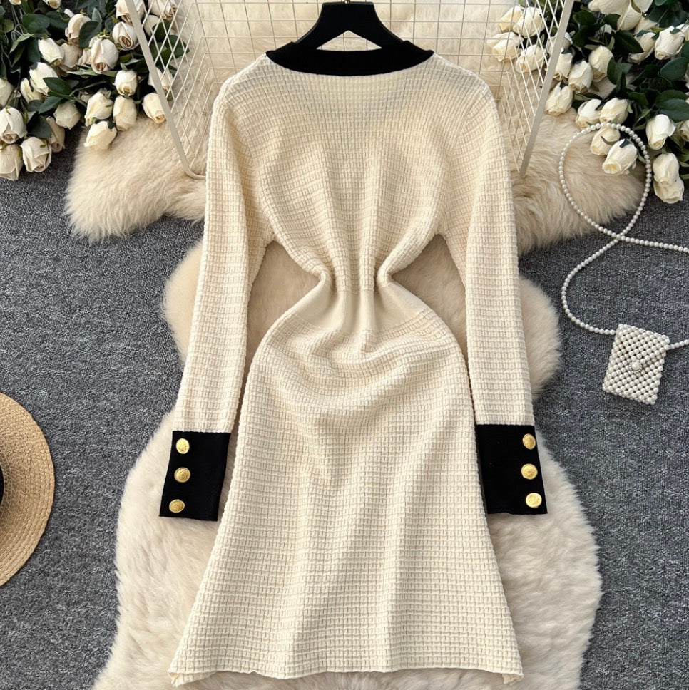 Metal Button Color-blocking Tweed Dress