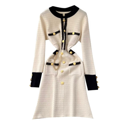 Metal Button Color-blocking Tweed Dress