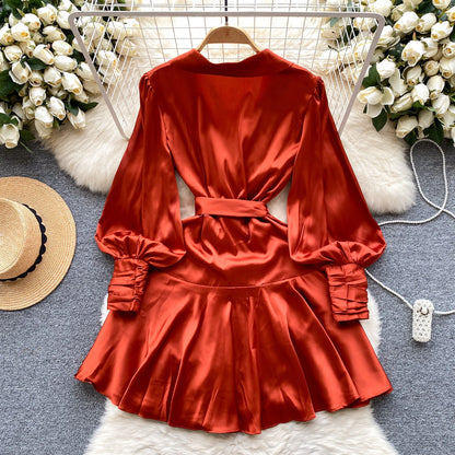 Shawl Collar Satin Wrap Dress