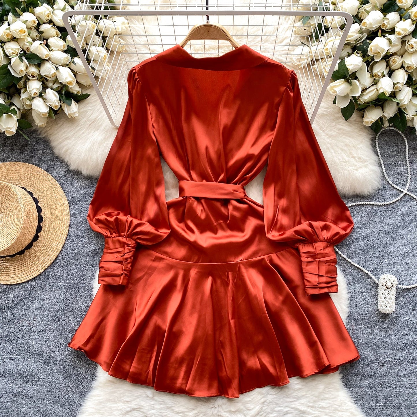 French Style V-neck Satin Wrap Dress