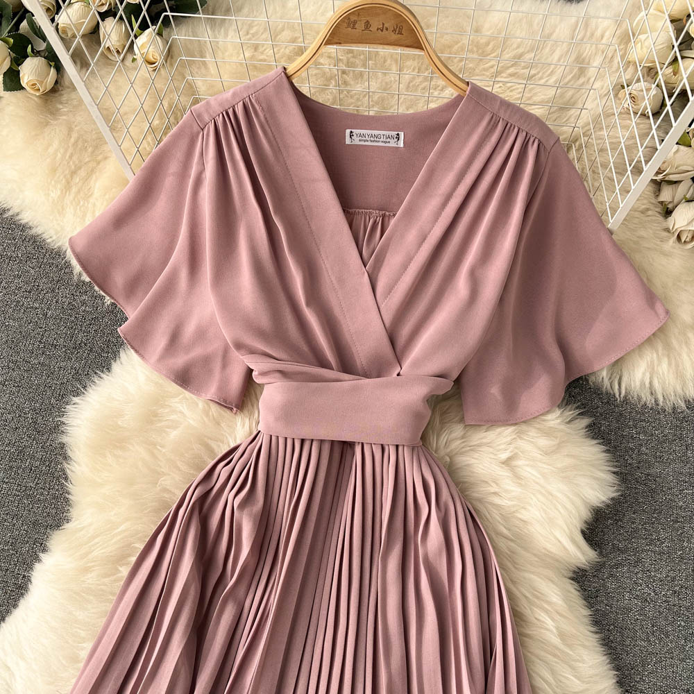 Chiffon Pleated Solid V-Neck Dress