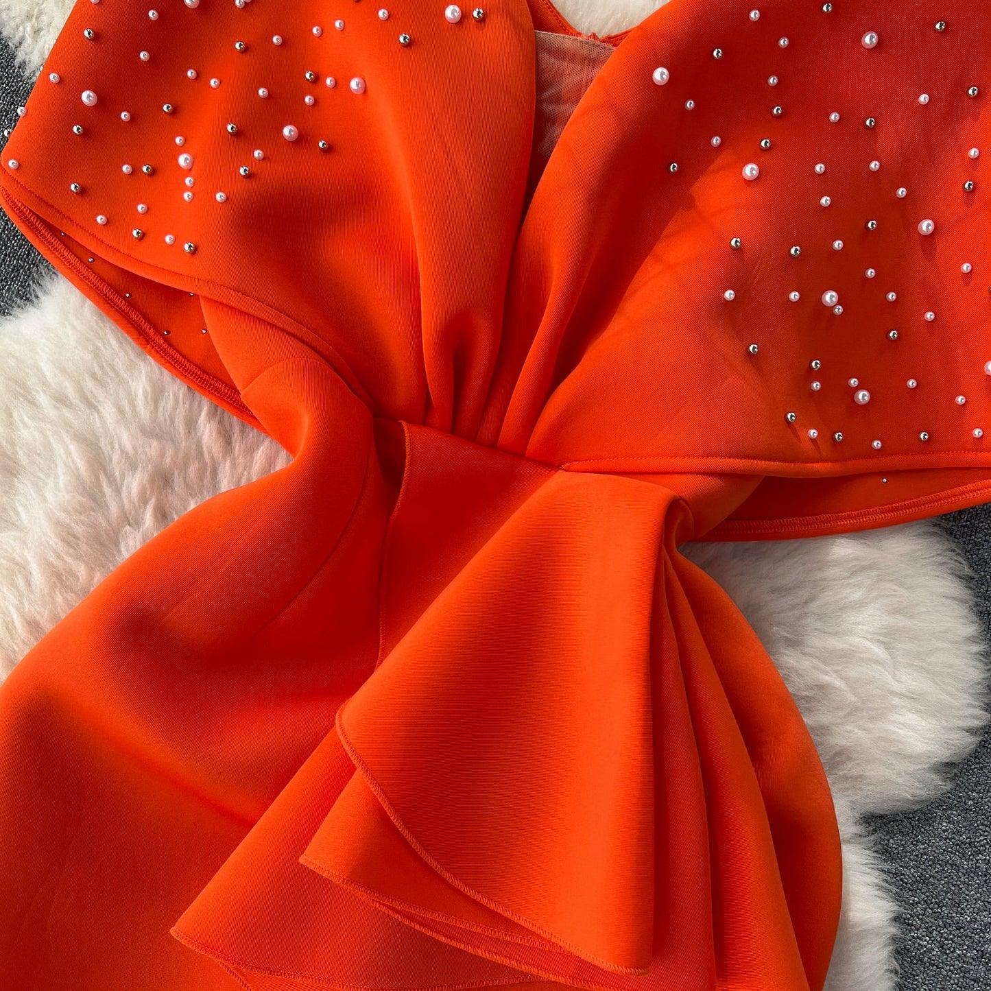Beaded Pleated Ruffle Orange Dress