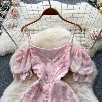 Sweet Irregular Design Pink Floral Dress