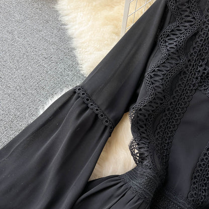 French Style Lace Patchwork Black Dress