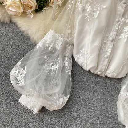Mesh Lace Embroidered Puff Sleeve Shirt