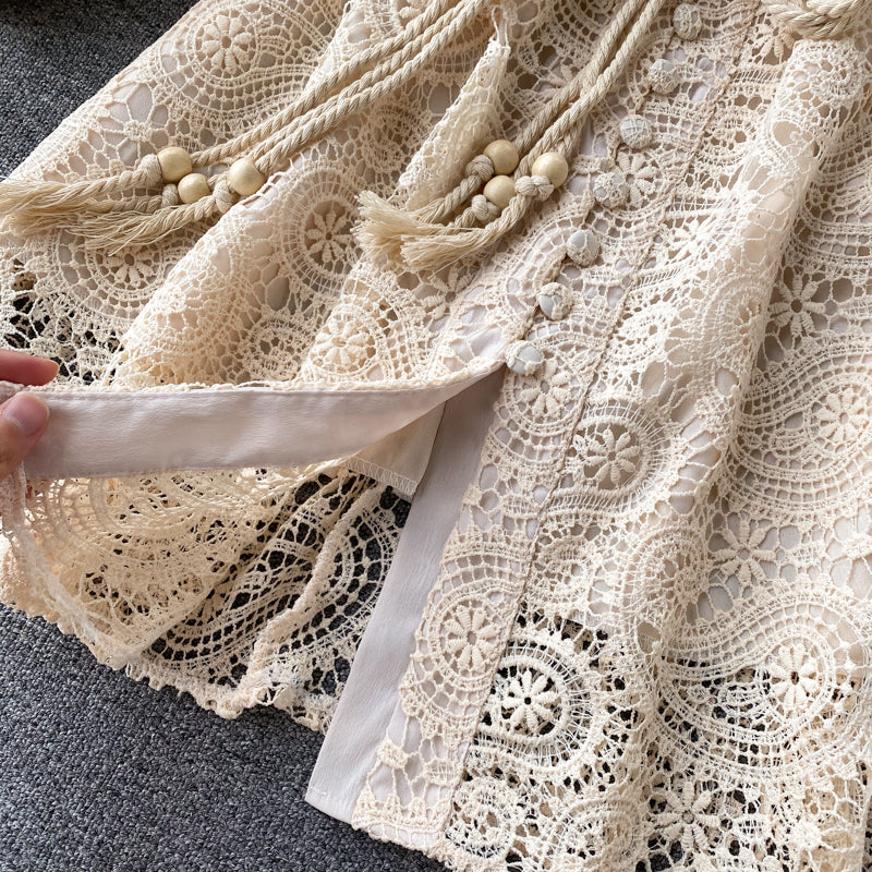 Lace Hollow Lantern Sleeve Stand Collar Embroidered Dress