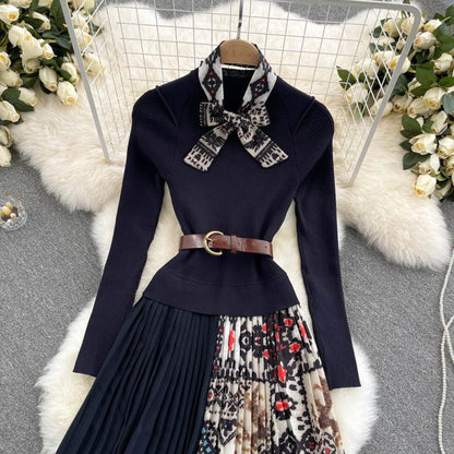 Knitted Long-sleeved Fake Two-piece Dress