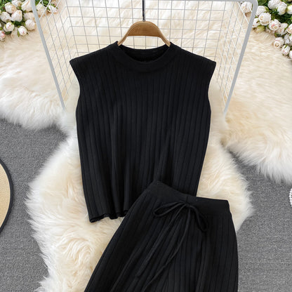 Knit Sleeveless Top Wide Leg Pants Two Piece Set