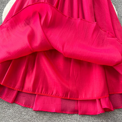 Red Pleated Midi Party Dress