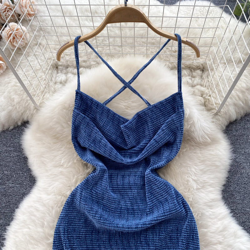 Navy Blue X-line Knitted Slip Dress