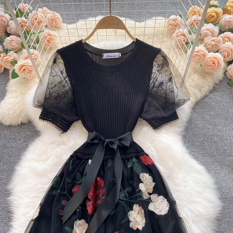 Embroidered Mesh Stitching Knitted Dress