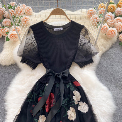 Embroidered Mesh Stitching Knitted Dress