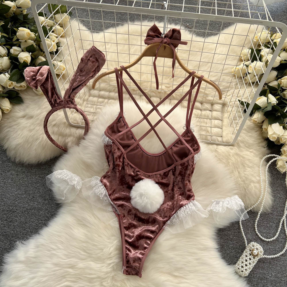Sexy Pink Rabbit Girl Velvet Jumpsuit