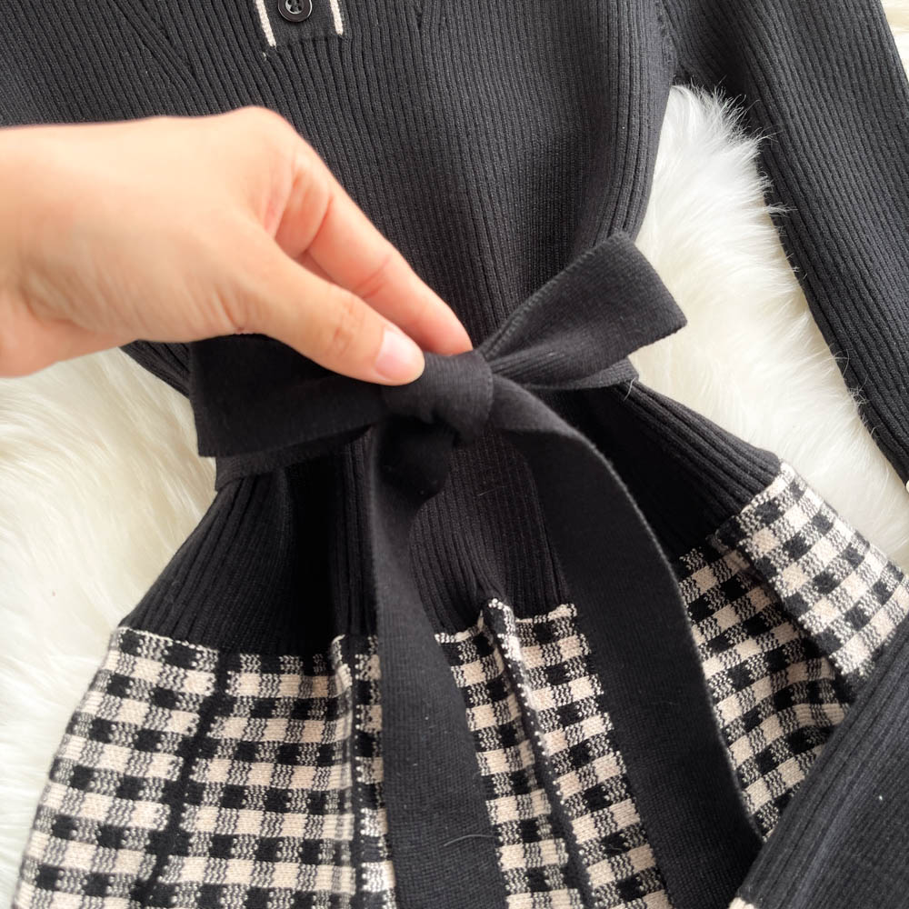 Knit Single-breasted Patchwork Dress