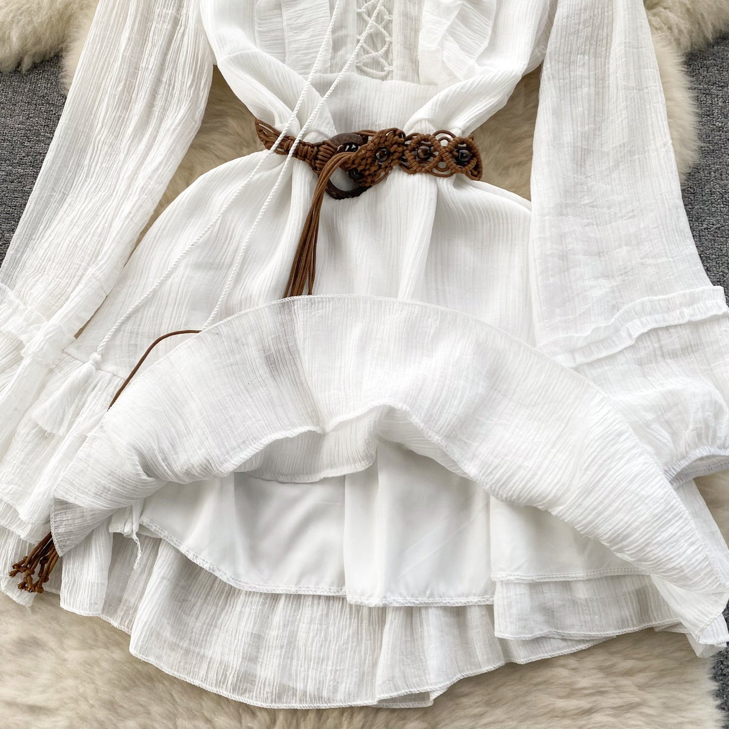 Sweetie Lace-up Ruffled White Dress