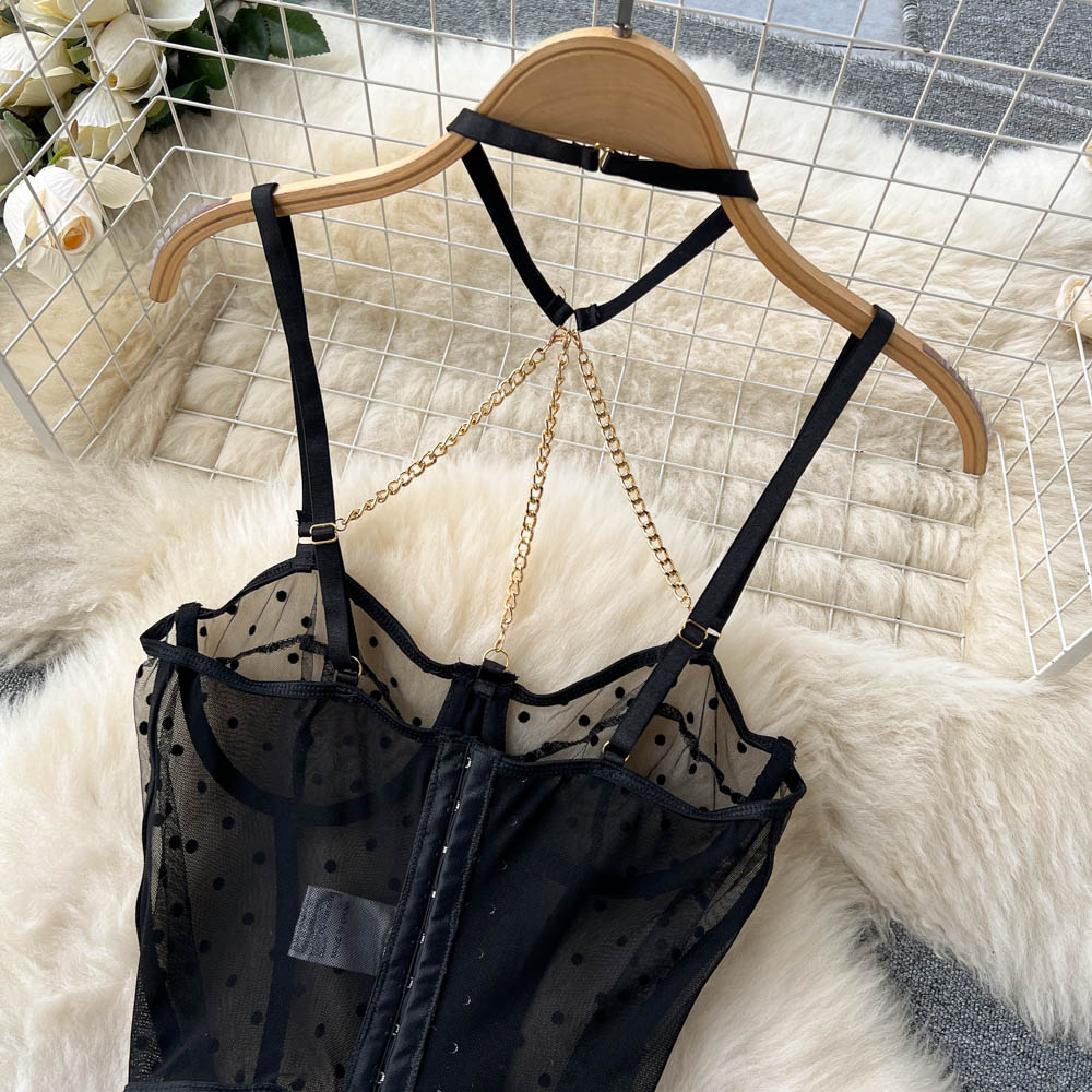 Black Mesh Polka-dot Lingerie 3Pcs