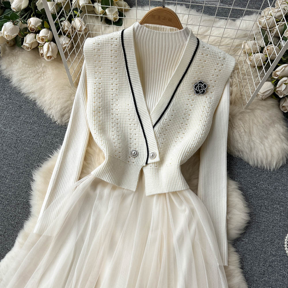 Knitted Mesh Dress&V-neck Cardigan 2Pcs