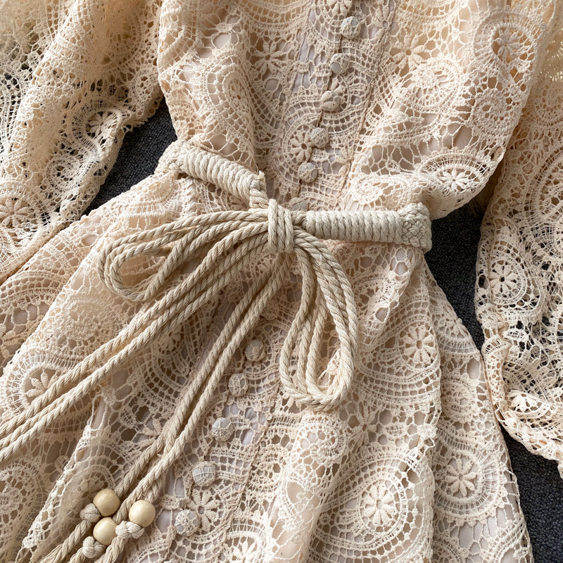 Lace Hollow Lantern Sleeve Stand Collar Embroidered Dress