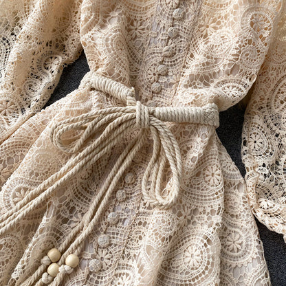 Lace Hollow Lantern Sleeve Stand Collar Embroidered Dress