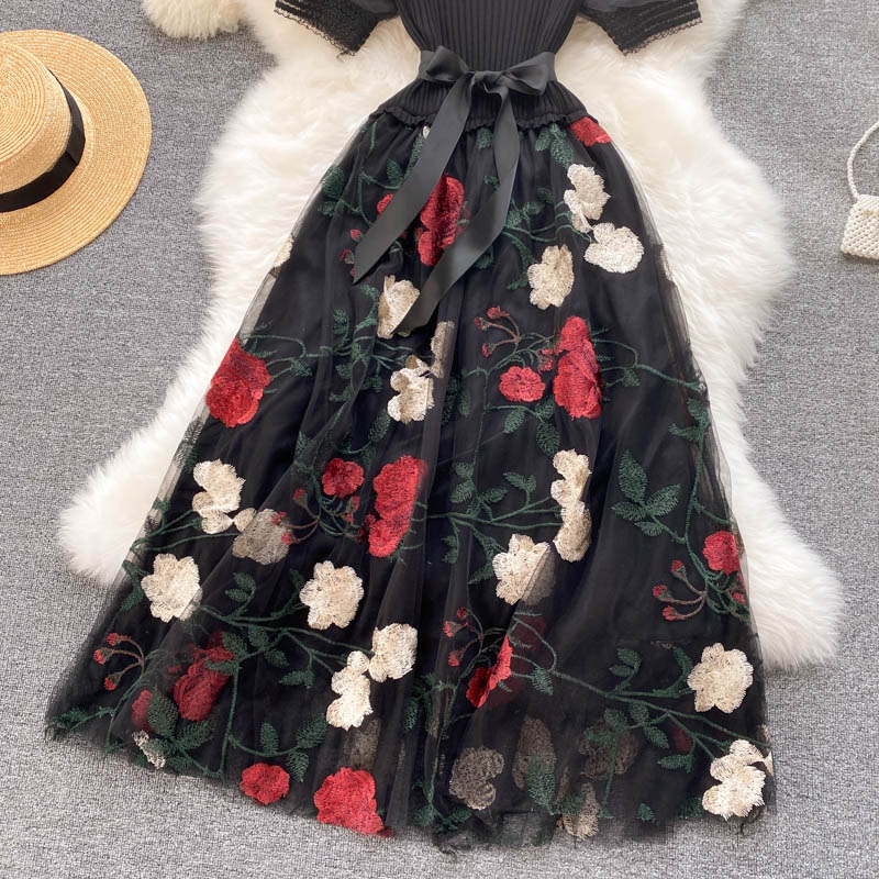 Embroidered Mesh Stitching Knitted Dress