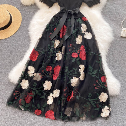 Embroidered Mesh Stitching Knitted Dress