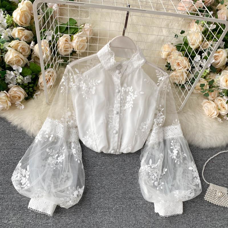 Mesh Lace Embroidered Puff Sleeve Shirt