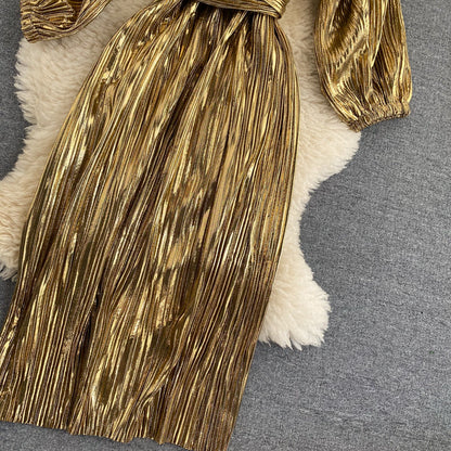 Courtly Lace-up Waist-slimming Gold Dress