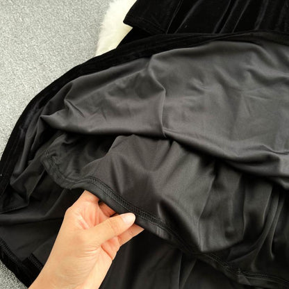 Black Gold Velvet Lace Stitching Dress