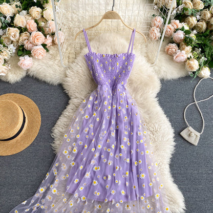 Off-the-shoulder Mesh Embroidered Chrysanthemum Dress