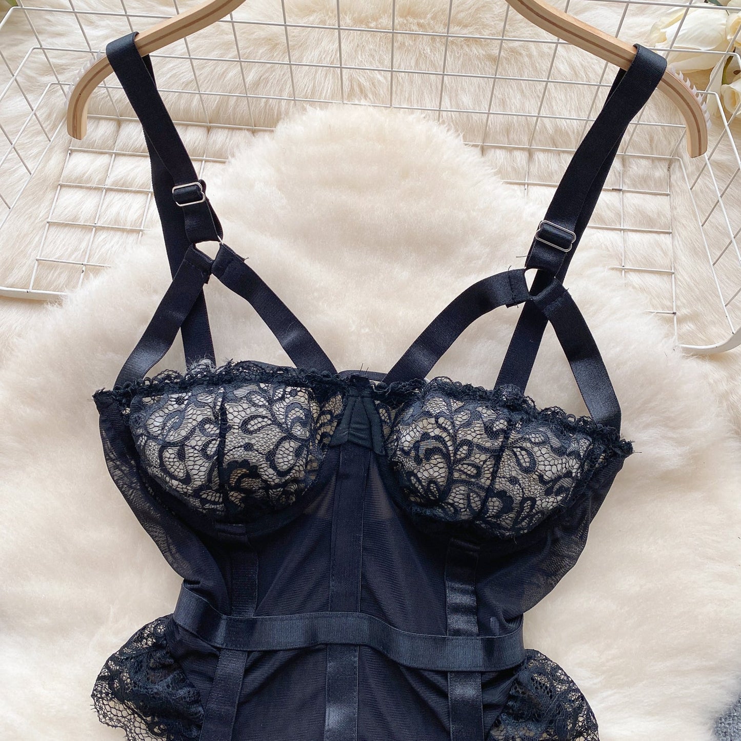 Lace-up Mesh Black Lingerie Set