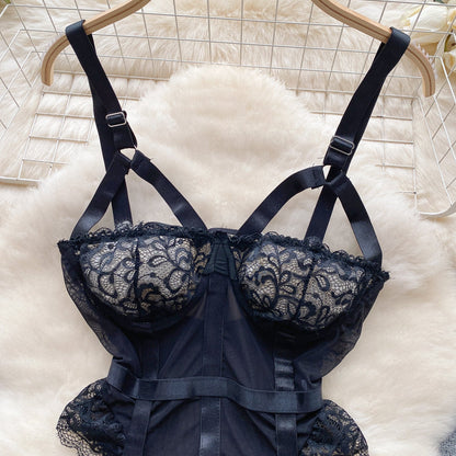 Lace-up Mesh Black Lingerie Set