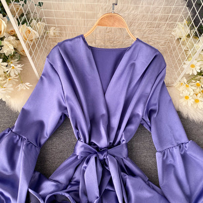 Satin Lantern Sleeve Ruffle Dress
