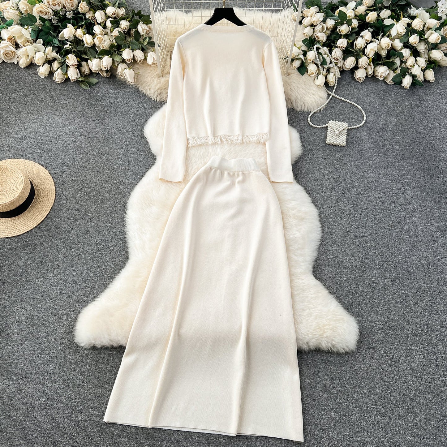 Cardigan&Half-body Skirt Fringed Knit 2Pcs