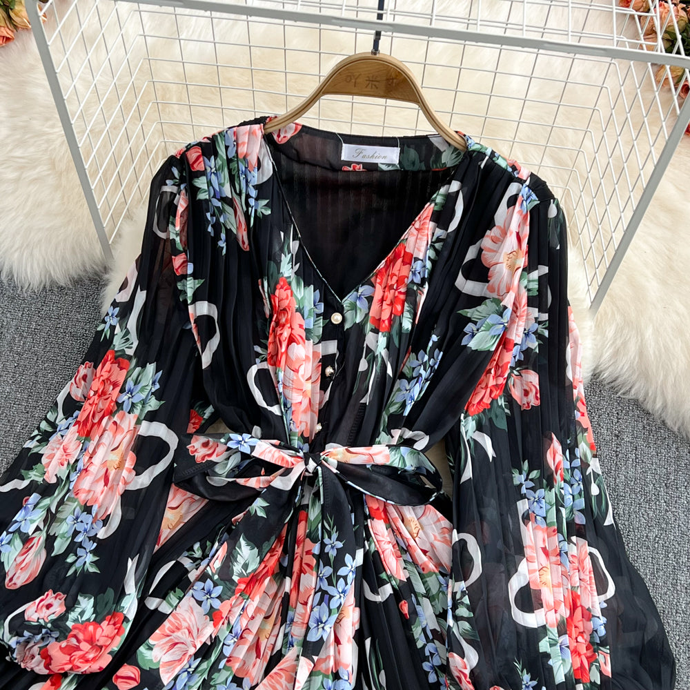 Neck Waist Print V-Neck Pleated Jumpsuit