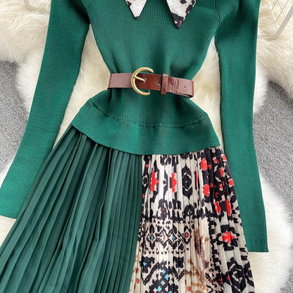 Knitted Long-sleeved Fake Two-piece Dress