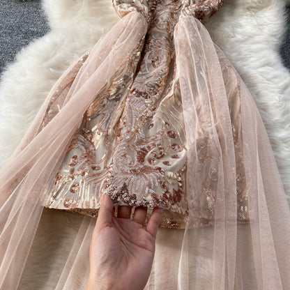 Off-the-shoulder Sequined Mesh Dress