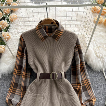 Two-piece Plaid Shirt & Knitted Sweater Vest