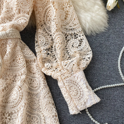 Lace Hollow Lantern Sleeve Stand Collar Embroidered Dress