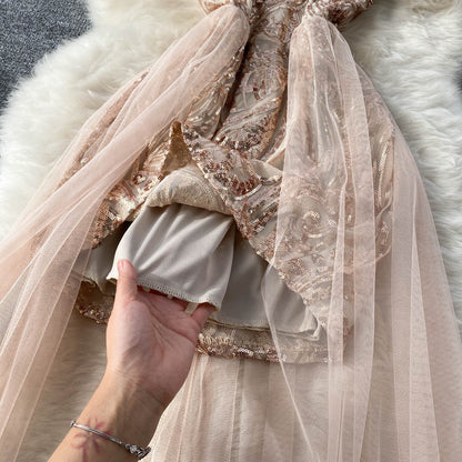 Off-the-shoulder Sequined Mesh Dress