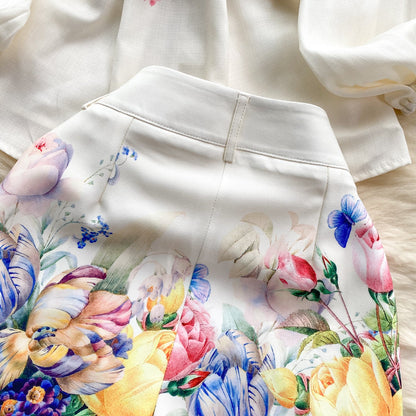 Courtly Floral Printed Shirt&Shorts 2Pcs