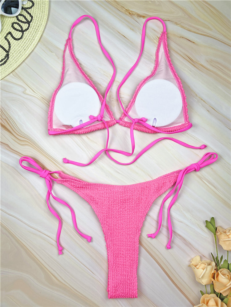 Solid Coloured Lace-up Three-point Bikini