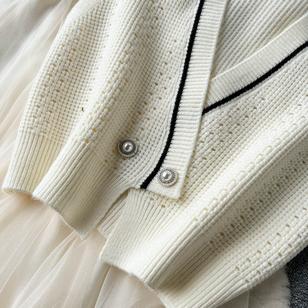 Knitted Mesh Dress&V-neck Cardigan 2Pcs