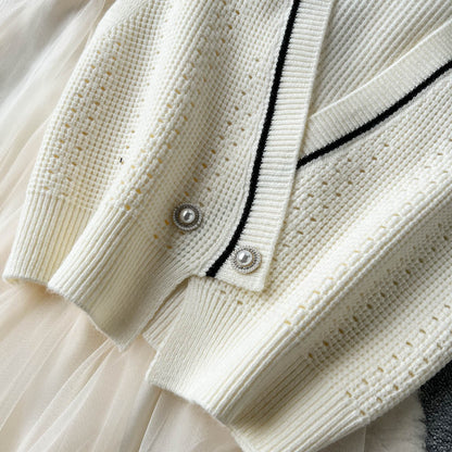 Knitted Mesh Dress&V-neck Cardigan 2Pcs