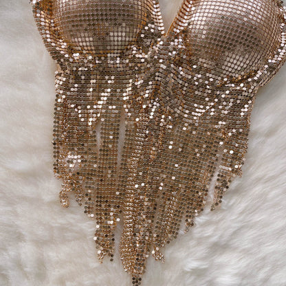 Disco Sequin Halter Vest with Long Tassels