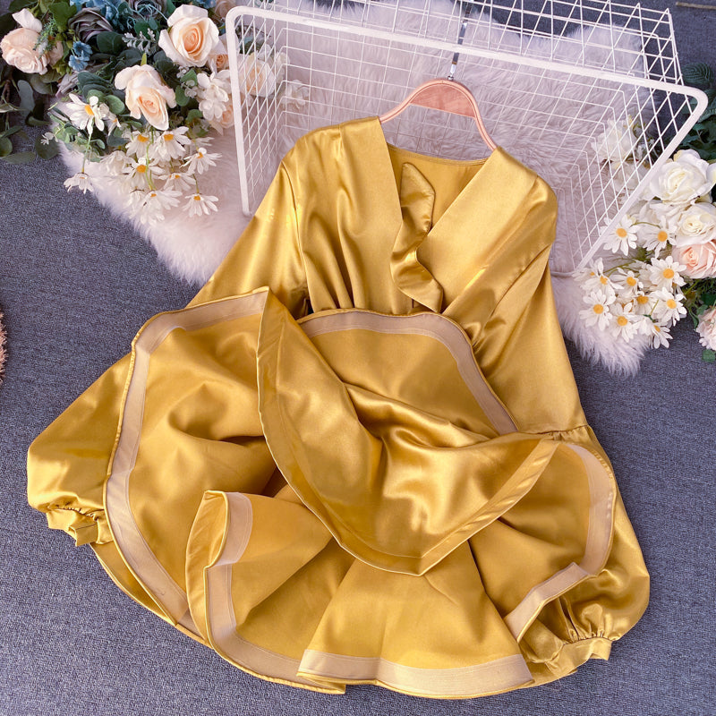 Satin Lantern Sleeve Ruffle Dress
