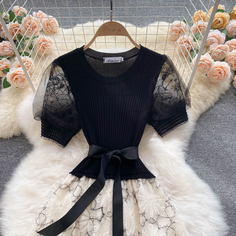 Embroidered Mesh Stitching Knitted Dress